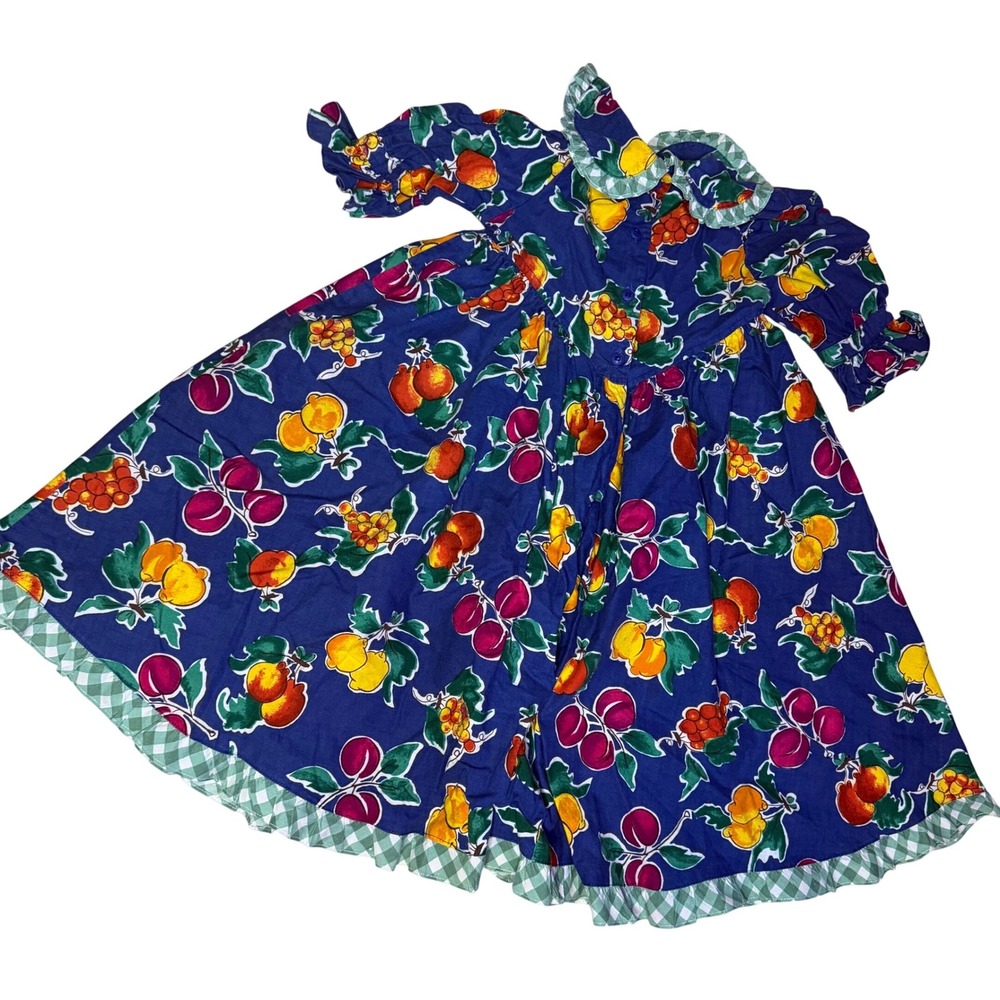 Petals San Francisco Vintage Kids Fruit Print Gingham Ruffle Cotton Dress Blue 4